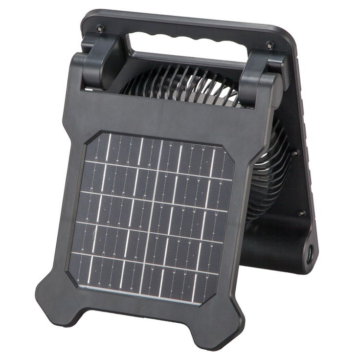 充電式ソーラーパワフルファン 小型 扇風機 USB充電 ソーラー充電 10,000mAh バッテリー スマホ充電 LEDライト付き タイマー付き 防災