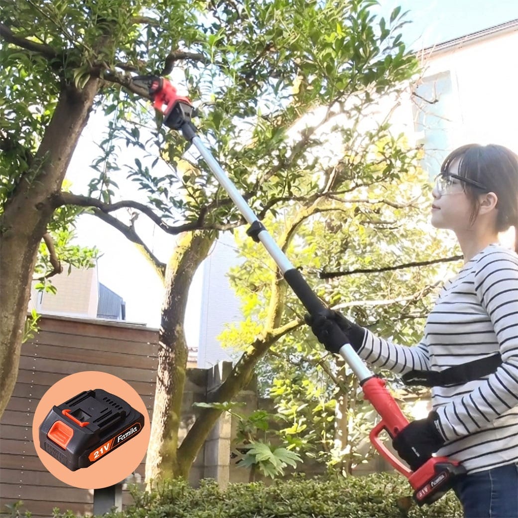 ファミラ 充電式コードレス2WAY高枝チェーンソー6点セット 予備バッテリー付き 高枝切り 枝切りチェーンソー ハンディチェーンソー ゴーグル付き 誤動作防止