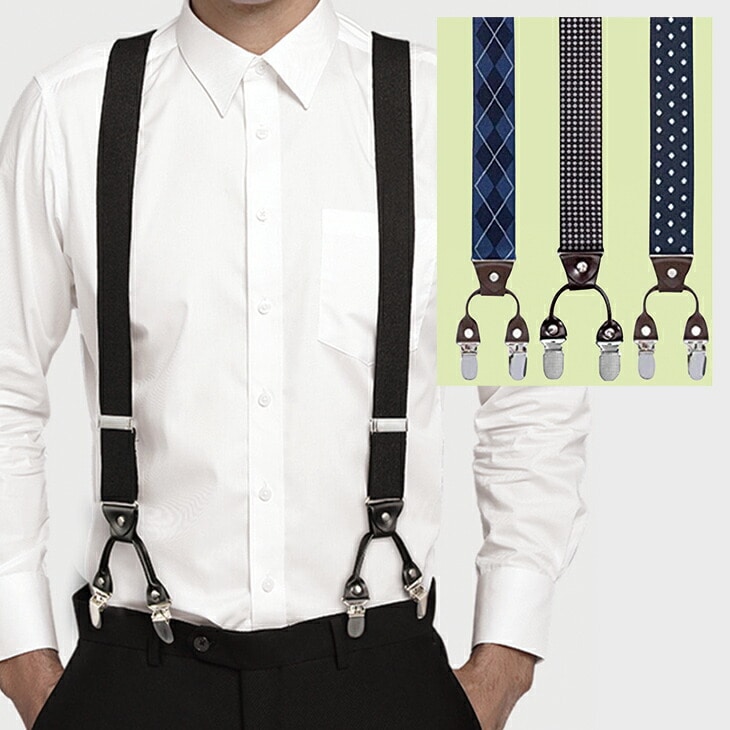 牛床革サスペンダー 4本組 水玉 アーガイル 小菱 ネイビー ダークグレー おしゃれ Y型 ファッション メンズ