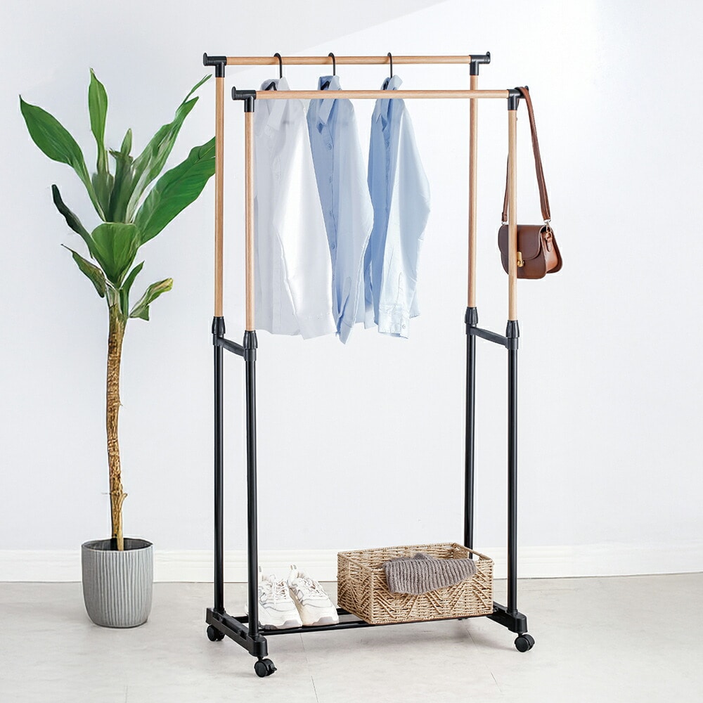 木目調 伸縮2段 ハンガーラック 衣類収納 コートハンガー 衣類掛け 高さ調整