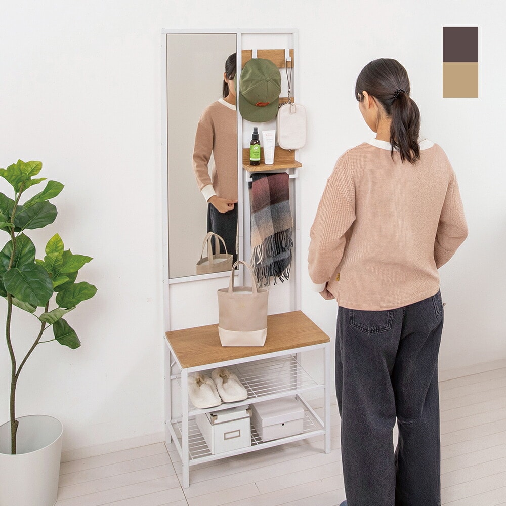 多機能ハンガーラック(ミラー付き) 姿見 鏡