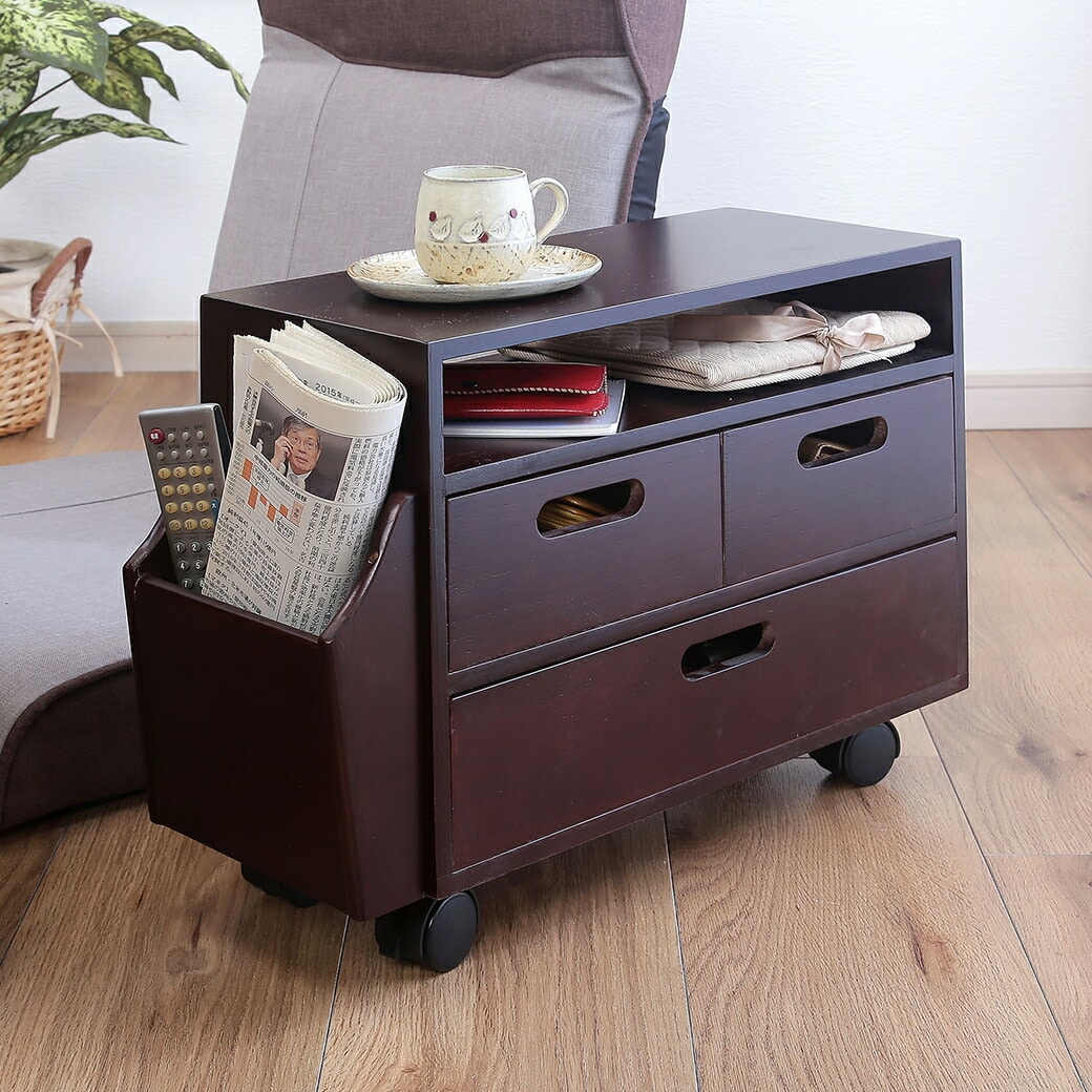 サイドワゴン コンパクト こたつ 座椅子 和室 リビング 収納 桐製 キャスター付き ミニワゴン ソファ横 リモコンラック ちょい置き ナイトテーブル