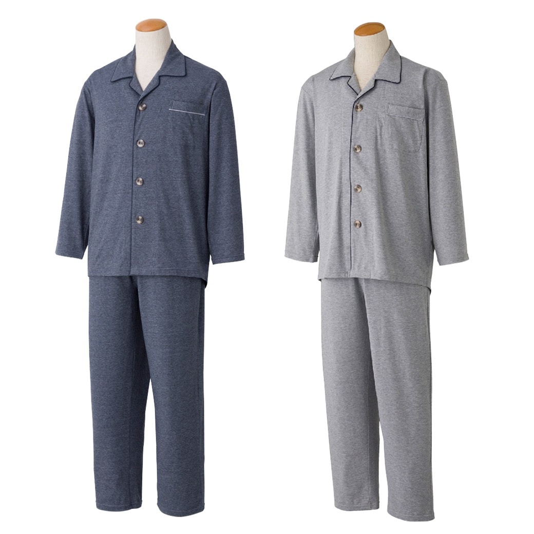 大きめボタンのびのびストレッチパジャマ 紳士用 S～LL シニア 介護パジャマ 入院着 前開き リハビリ 高齢者 ワンタッチ らくらく 寝巻き 日本製