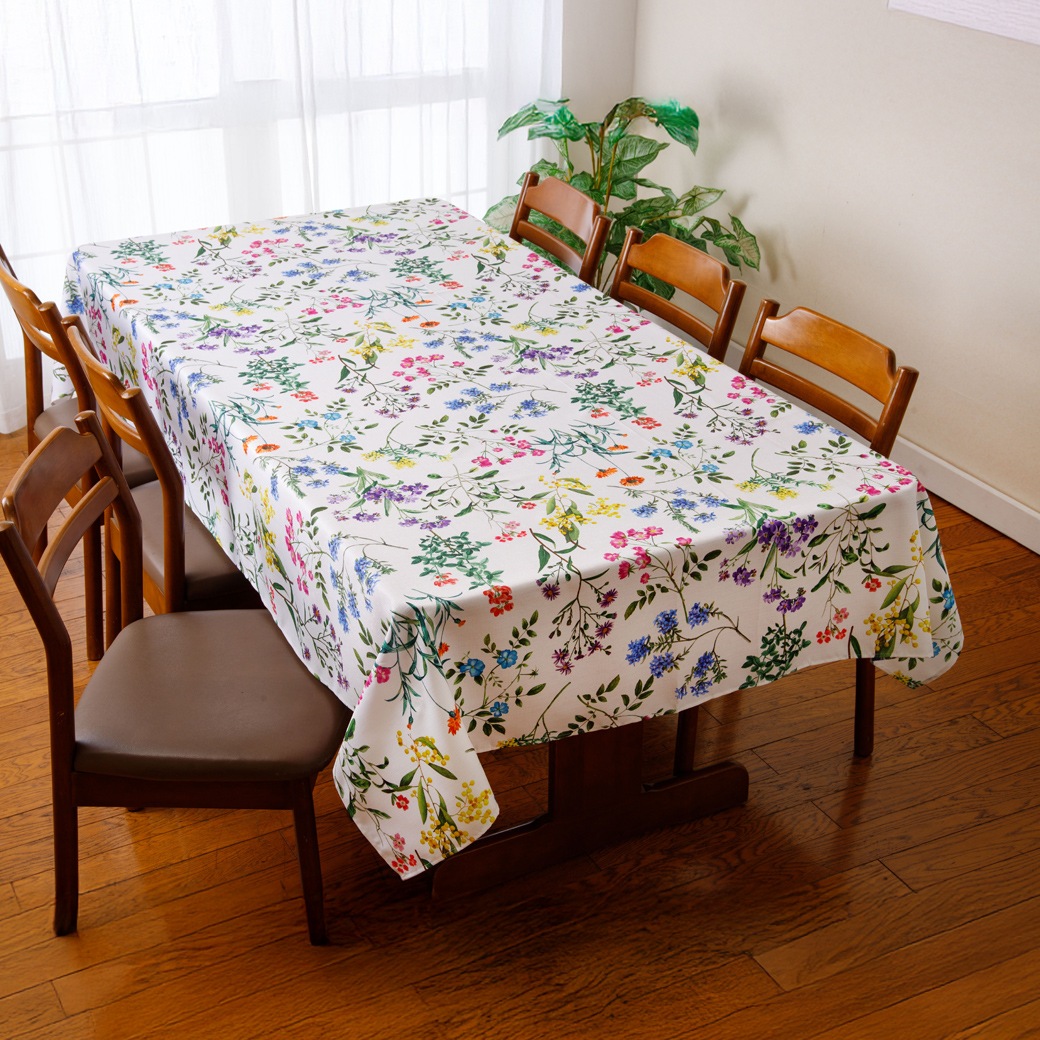 フラワー柄はっ水テーブルクロス 長方形(大)145×230cm 花柄 撥水 長方形 はっ水 おしゃれ かわいい 汚れ防止 丸洗いOK 華やか 大きめ