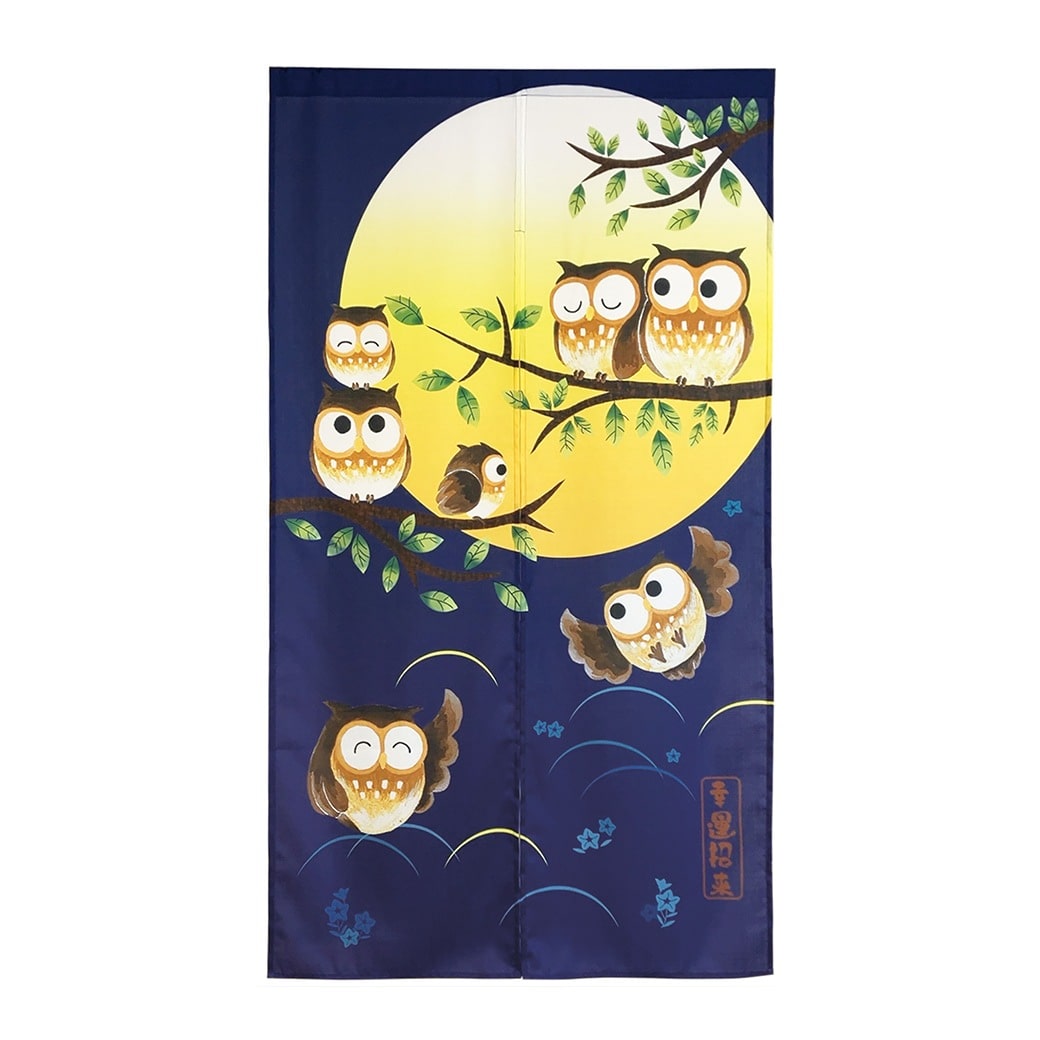 「風水」ふくろうのれん 暖簾 フクロウ 縁起物 室内 インテリア 間仕切り 目隠し おしゃれ かわいい 梟 ロング丈 ネイビー