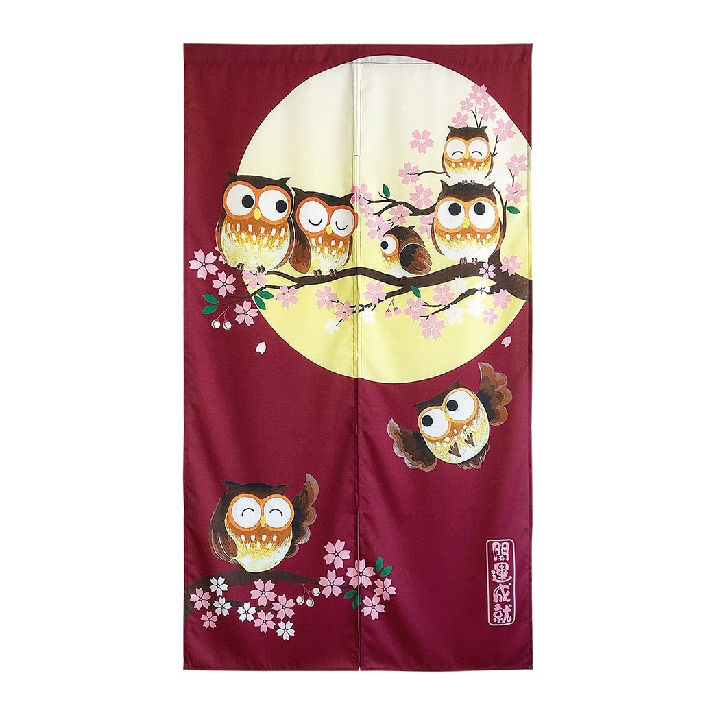 「風水」ふくろうのれん 暖簾 フクロウ 縁起物 室内 インテリア 間仕切り 目隠し おしゃれ かわいい 梟 ロング丈 エンジ