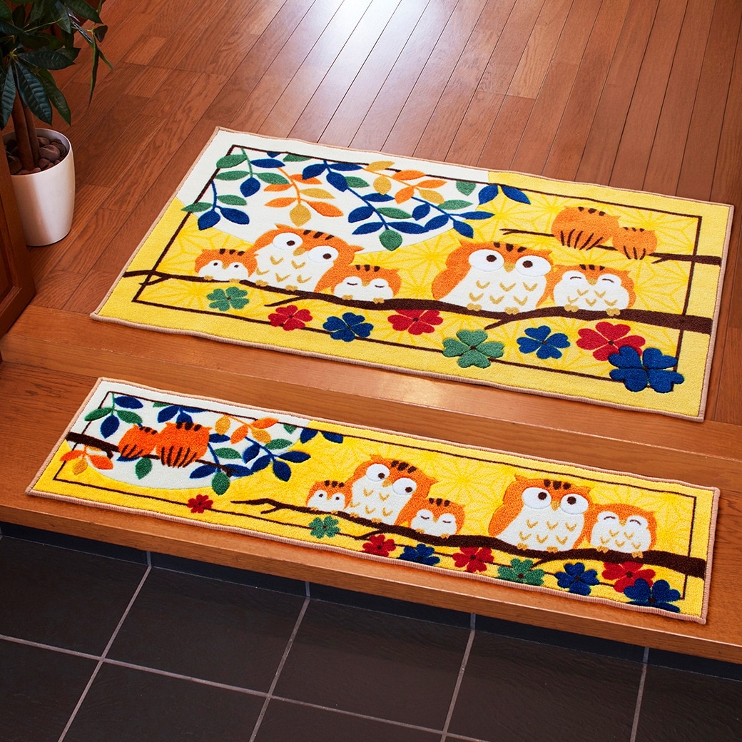 幸福の「七福ろう」玄関マット 大70×120cm げんかんマット ウェルカムマット フクロウ 梟 縁起物