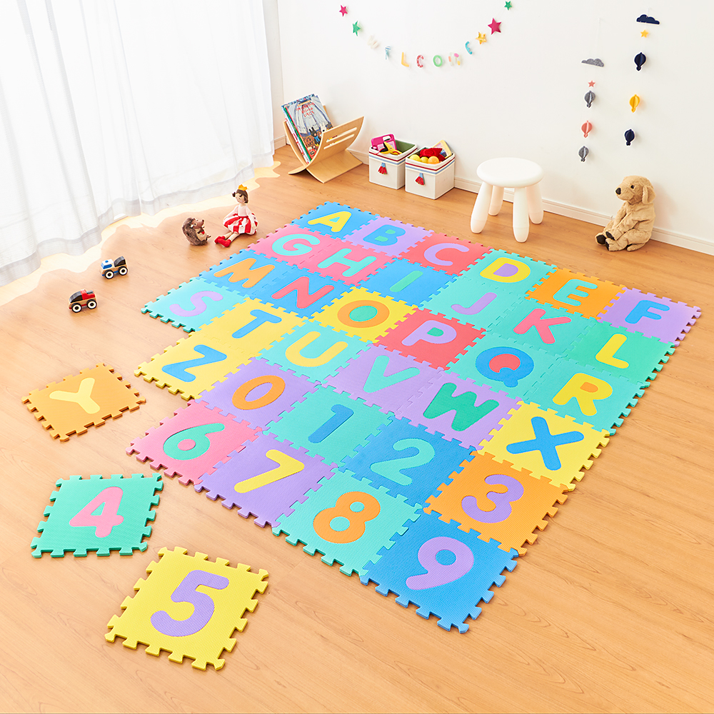 パズルマット 36枚組 10mm 32×32cm ジョイントマット プレイマット マット 36枚セット キッズ 子供部屋 パズル アルファベット 英字 知育 保温 防音 衝撃吸収 耐熱 床暖房対応 水洗いOK 新生活