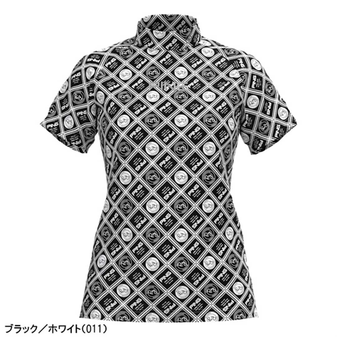レディース ピン アパレル 半袖 ハイネックシャツ スクエアスカーフプリント モックネックシャツ ゴルフウェア 622-3168208 春夏モデル PING 春夏ウェア 23SS 女性用 ブラック/ホワイト(011) Sサイズ