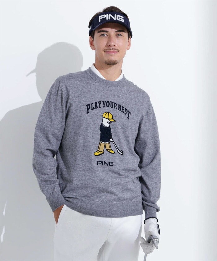 ピン ゴルフ Mr.PING ジャカード クルーネック ニット プルオーバー 621-5270902 ゴルフウェア トップス 2025年秋冬モデル PING GOLF Mサイズ グレー (020)