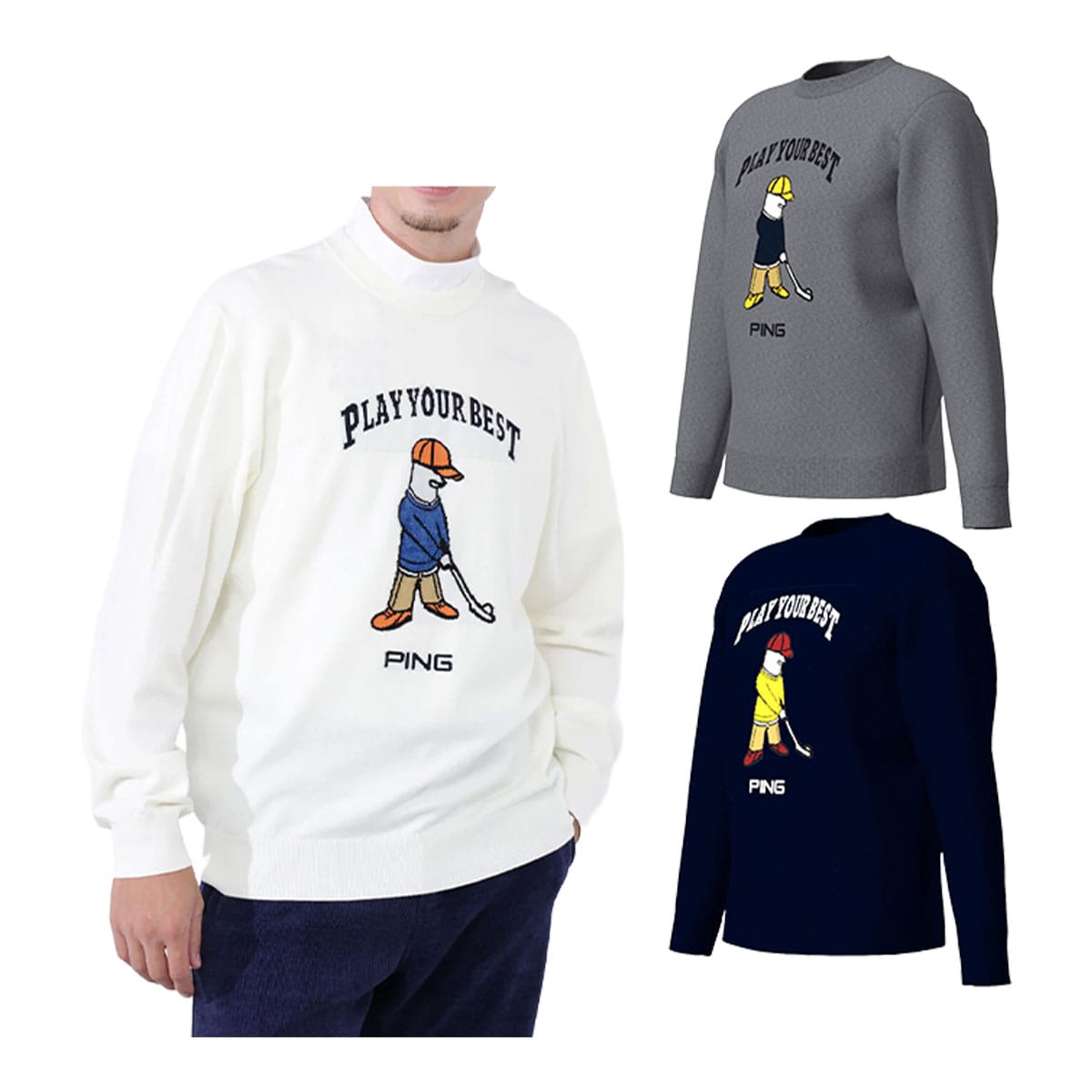 ピン ゴルフ Mr.PING ジャカード クルーネック ニット プルオーバー 621-5270902 ゴルフウェア トップス 2025年秋冬モデル PING GOLF Mサイズ グレー (020)