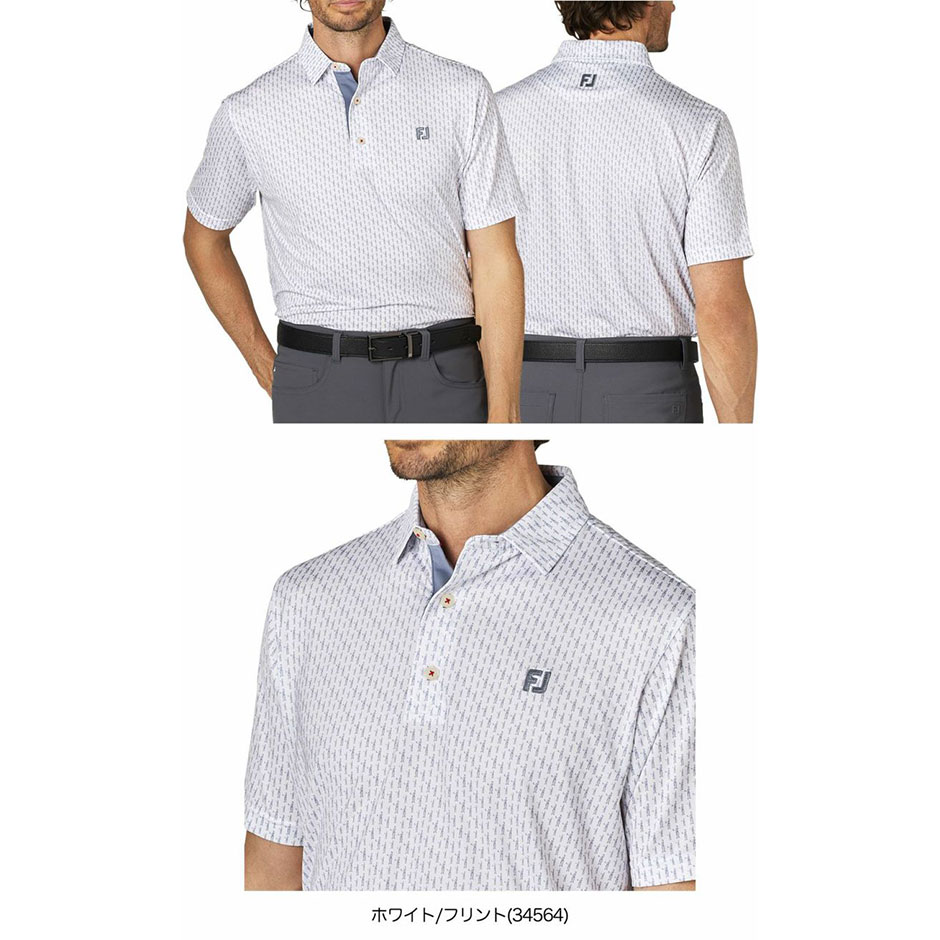サイズＭ）フットジョイ　FJ　メッシュ　半袖　ポロシャツ　ホワイト　ゴルフ フットジョイ] ゴルフ ボールプリント半袖シャツ メンズ ストレッチ