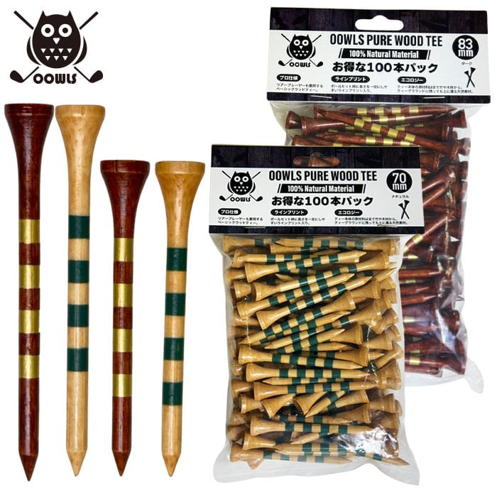 OOWLS ゴルフ ティー PURE WOOD TEE ピュア ウッドティー 70mm 83mm 100本入 JYPHB23WDT ゴルフ用品 2024年モデル