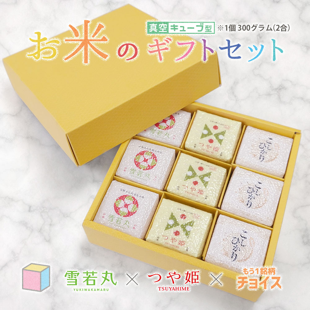 お米のギフトセット 真空キューブ 9個入り 山形県産 つや姫/雪若丸/はえぬき 1個300g(2合) 令和6年産