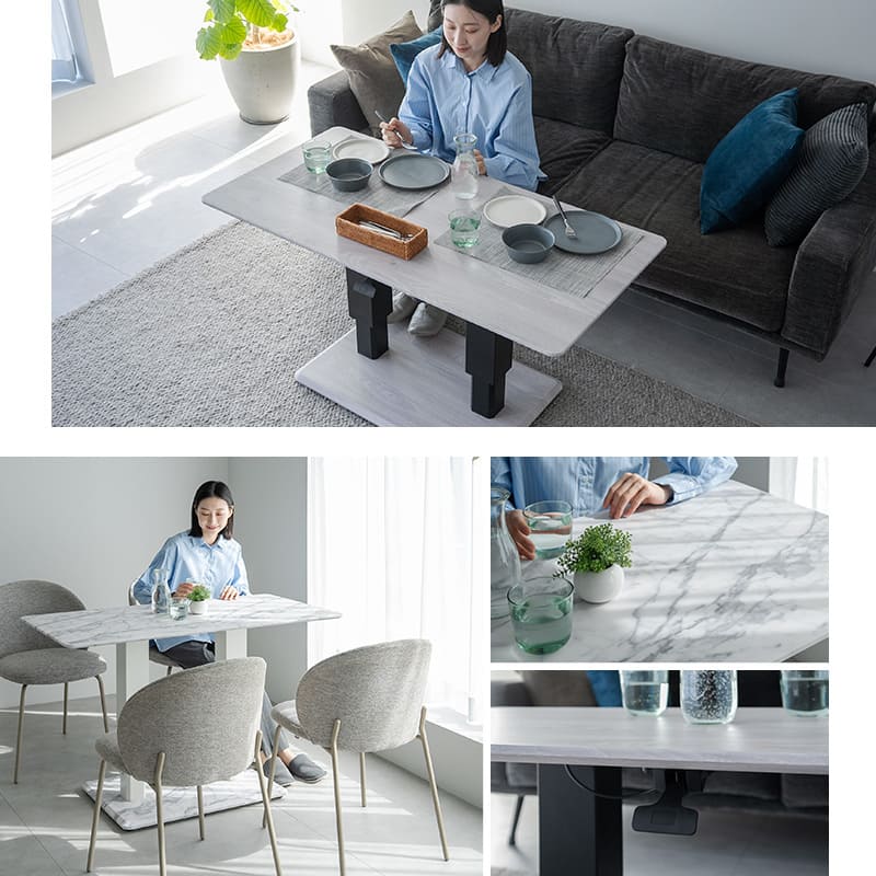 リフティングセンターテーブル ホワイトマーブル 幅120cm