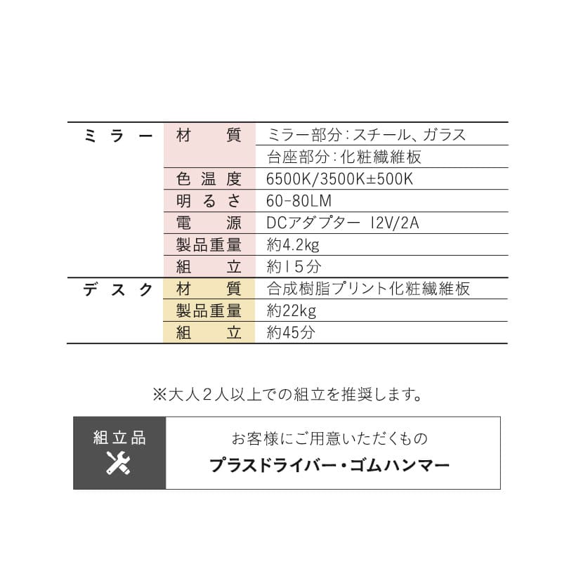 LEDライト付きドレッサー2点セット ホワイト