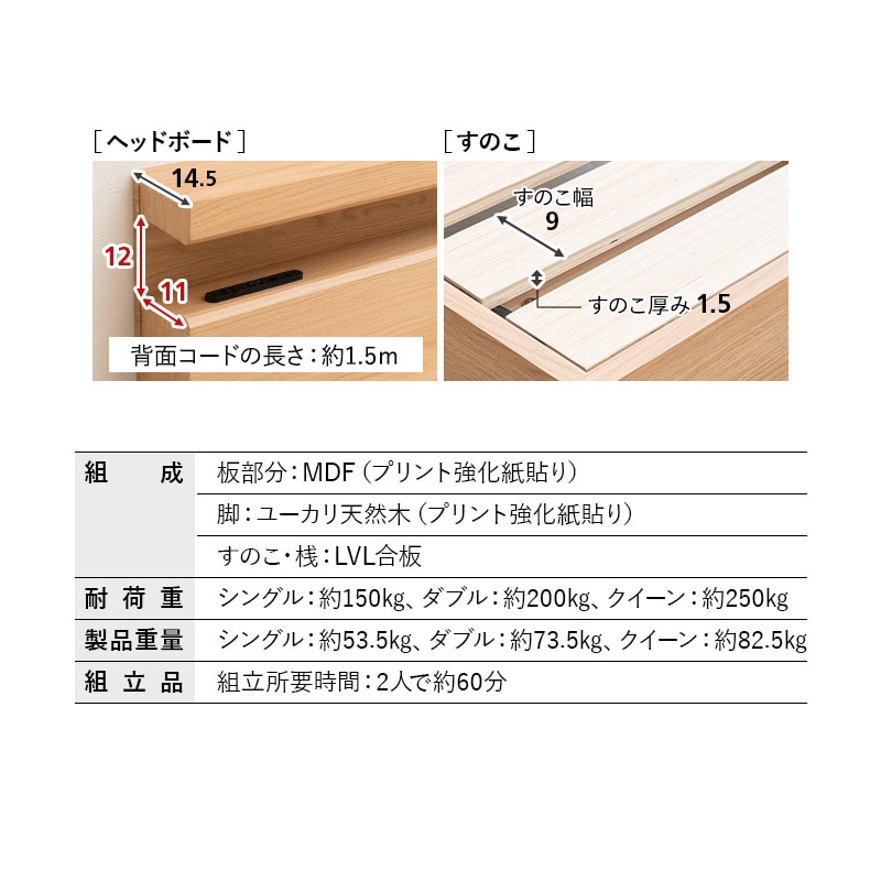 ベッド ベッドフレーム シングル ダブル クイーン LED照明付き 収納付き コンセント付き キャビネット クローズフレーム 木製 収納付きベッド すのこベッド 宮付き 棚付き すのこ スノコ 通気性 カビ 湿気 夏 梅雨 除湿 収納 北欧 オルヴァ 新生活 送料無料 エムール ナチュラル シングル