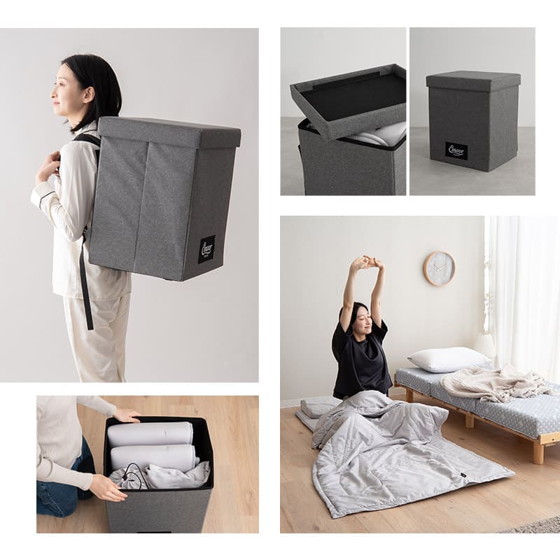 寝具コンビニ 布団4点セット コンパクト 省スペース 収納 バッグ付き 折りたたみ 掛け敷き枕 布団セット セミシングル 掛け布団 敷き布団 枕 まくら ピロー 組布団 布団 ふとん アウトドア キャンプ 車中泊 避難 防災 隔離 自宅 オフィス 施設 来客 送料無料 エムール グレー