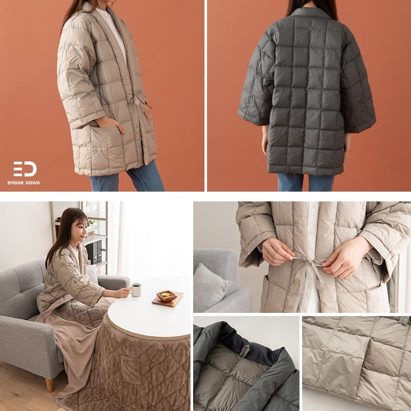 はんてん 半纏 羽毛 ダウン 袖あり 長袖 ポケット付き 半てん 半天 袢纏 あったか 暖かい 冬用 軽量 軽い 洗える ルームウェア 部屋着 パジャマ どてら 丹前 ちゃんちゃんこ 羽織 ジャケット ポンチョ 着る 羽毛布団 防寒 寒さ 冷え 湯冷め 冬 無地 送料無料 エムール グレー Sサイズ