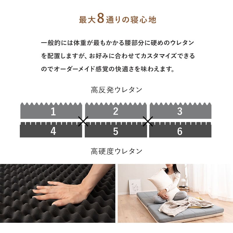 マットレス シングル 極厚 10cm 三つ折り 折りたたみ カスタマイズ可能 調節可能 2層構造 6分割 高反発 高硬度 ウレタン かため 体圧分散 洗える 2段ベッド ロフト 耐久性 通気性 フィット性 3つ折り 収納 コンパクト ベッド デュアル アイボリー×グレー シングル