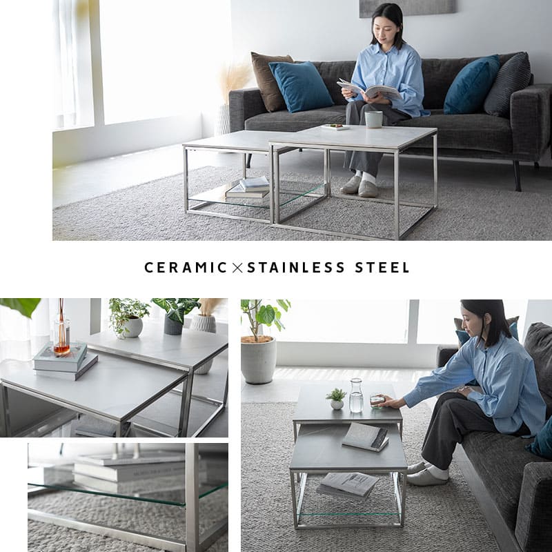 ネストテーブル 幅60cm セラミック 単品 棚付き テーブル 食卓 グレー ホワイト 白 石目調 正方形 角型 四角 センターテーブル ローテーブル サイドテーブ テーブル 机 コンパクト 収納 大小 伸縮 リビング 来客 北欧 モダン おしゃれ セラミカ 送料 グレーストーン