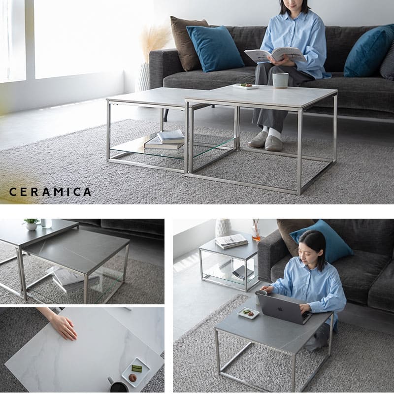 ネストテーブル 幅60cm セラミック 単品 棚付き テーブル 食卓 グレー ホワイト 白 石目調 正方形 角型 四角 センターテーブル ローテーブル サイドテーブ テーブル 机 コンパクト 収納 大小 伸縮 リビング 来客 北欧 モダン おしゃれ セラミカ 送料 グレーストーン