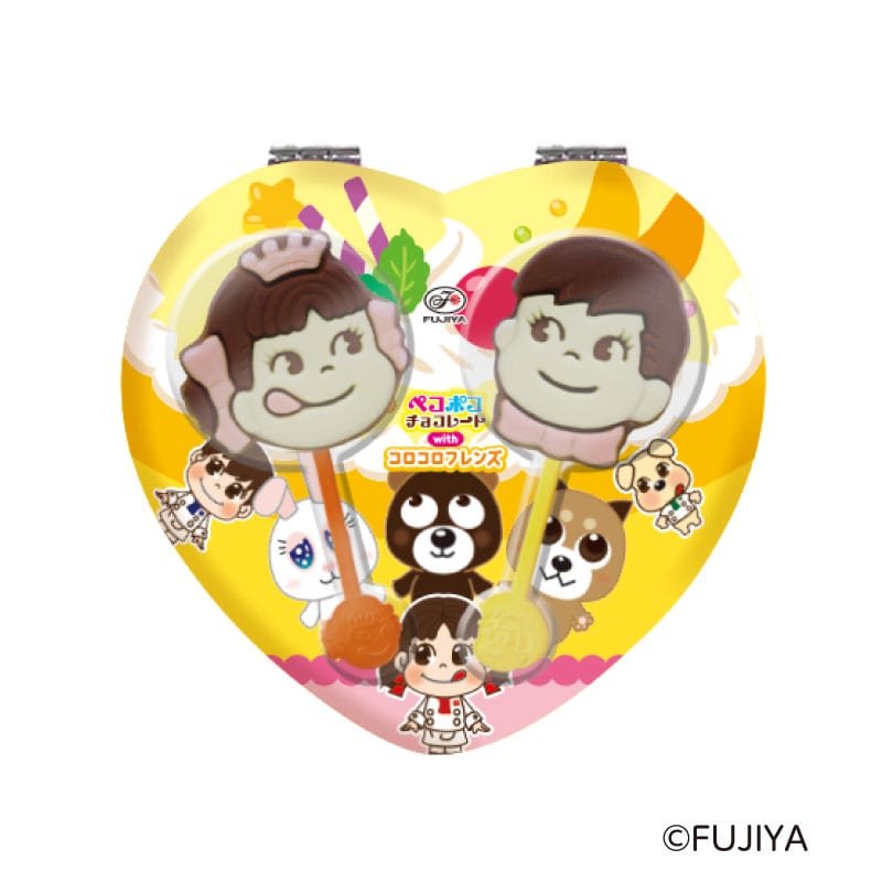不二家 公式 コロコロフレンズ ハートミラー 2本ペコポコチョコレート（イエロー） ペコちゃん ポコちゃん 鏡 キャラクター モチーフ