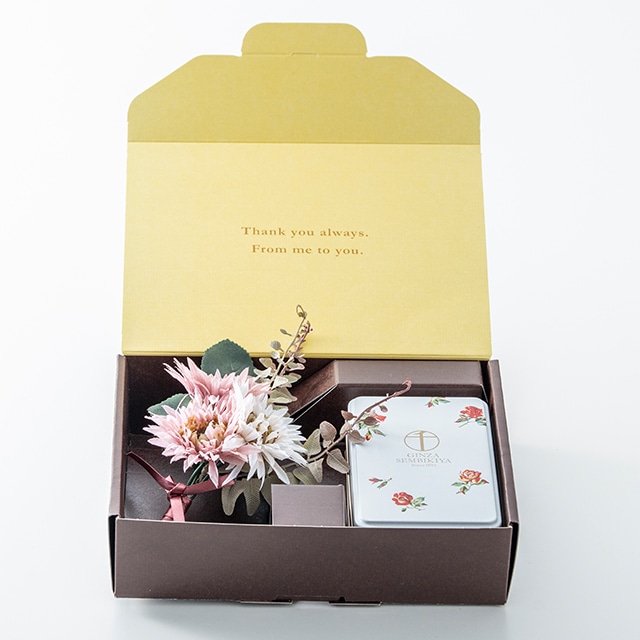 お歳暮 クリスマス 2025 アーティフィシャルフラワー 焼き菓子 クッキー お菓子 スイーツ 贈り物 ギフト 千疋屋 パティスリー銀座千疋屋 銀座クッキー缶&フラワーブーケ