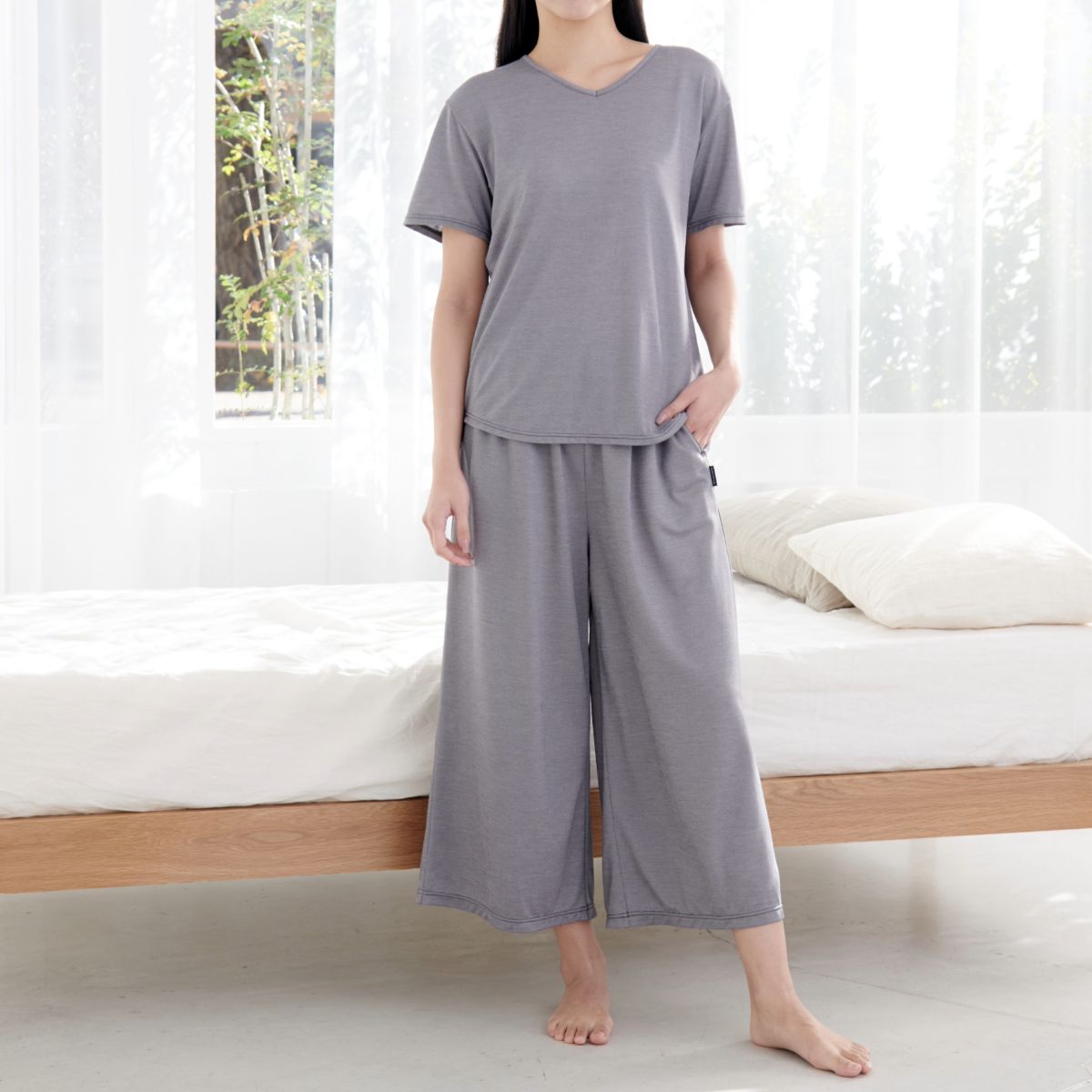 ベネクス リカバリーウェア コンフォートクール レディース 上下セット ショートスリーブ ガウチョパンツ グレー