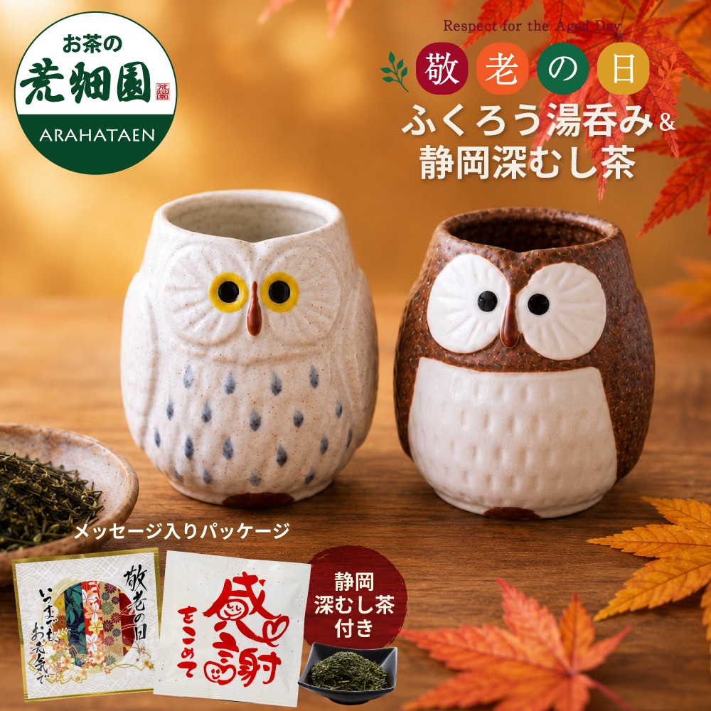敬老の日 ギフト ふくろう柄湯のみ2個・静岡茶箱入 メッセージカード付き 祖父 祖母 人気 かわいい ふくろう プレゼント 送料無料 静岡茶 お茶 緑茶 茶葉 お茶の葉 ※9/15頃から順次発送