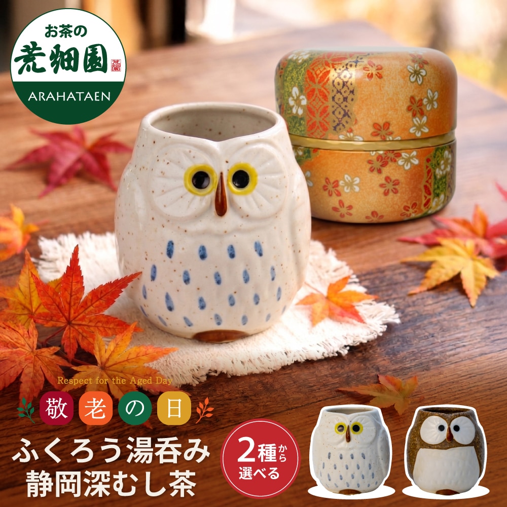 敬老の日 ギフト 選べるふくろう柄湯のみ・お茶缶セット箱入 白色ふくろう メッセージカード付き 祖父 祖母 人気 かわいい ふくろう プレゼント 送料無料 静岡茶 お茶 緑茶 茶葉 お茶の葉 ※9/15頃から順次発送