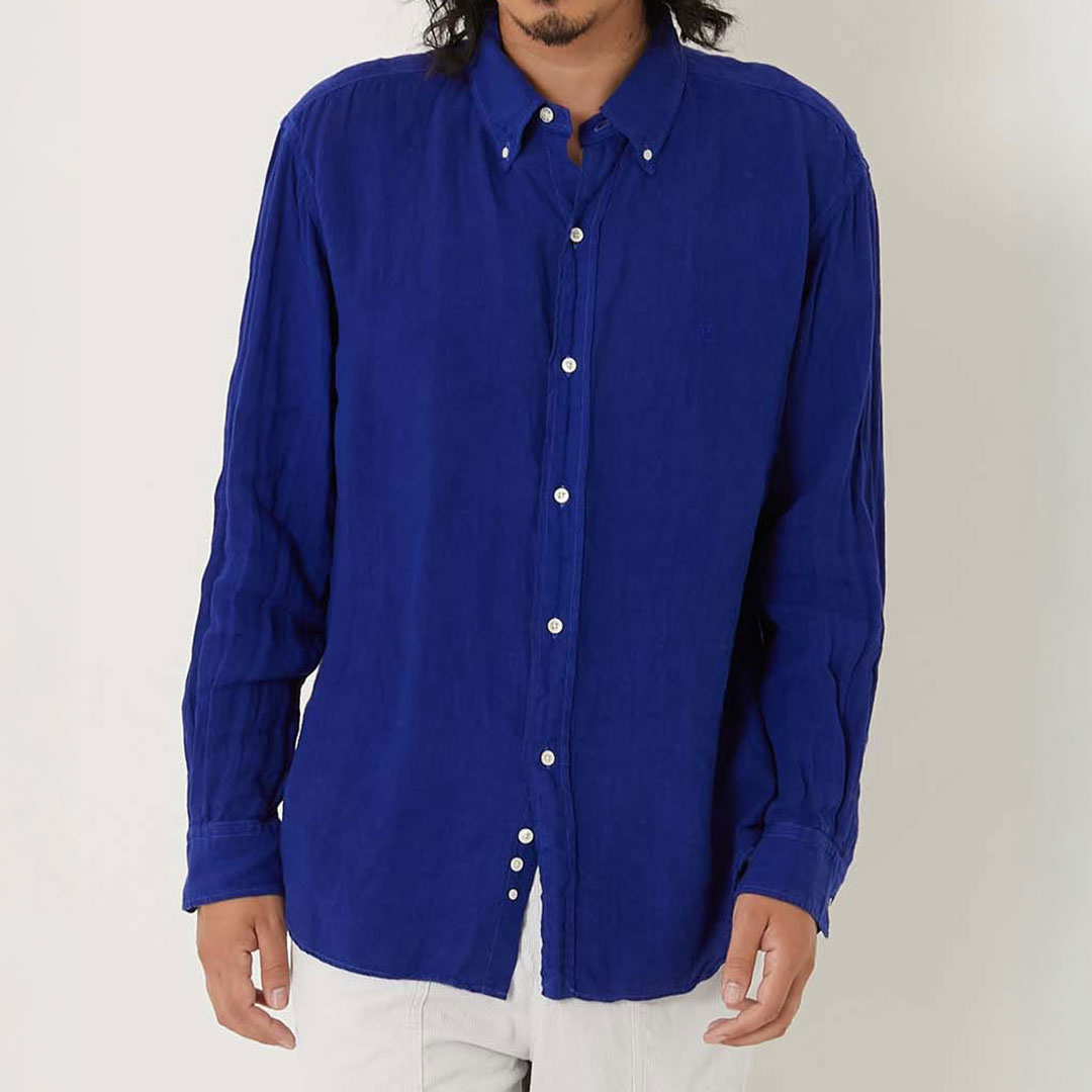 【ハリウッドランチマーケット】Hエンブロイダリー リネンキャンバス ボタンダウン ロングスリーブシャツ