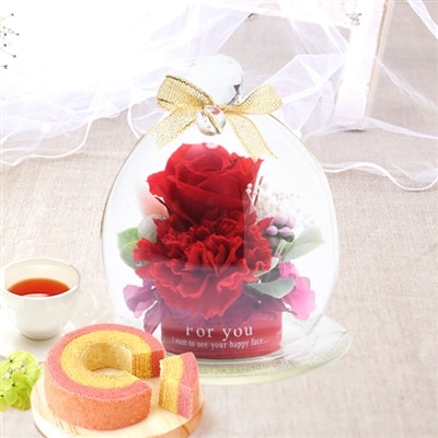 誕生日 プレゼント 送料無料  [ガラスドームM・赤] お祝い  花 スイーツ ギフト おしゃれ お菓子 プリザーブドフラワー バラ 花とスイーツ 花とお菓子 女性 60代 70代 80代