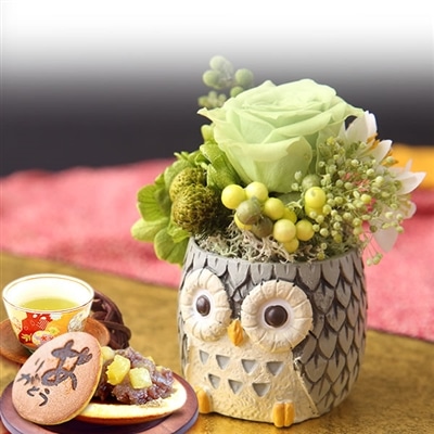 誕生日 プレゼント 送料無料 [ふくろうプリザ・緑] お祝い  花 スイーツ ギフト おしゃれ お菓子 プリザーブドフラワー バラ 花とスイーツ 花とお菓子 女性 60代 70代 80代