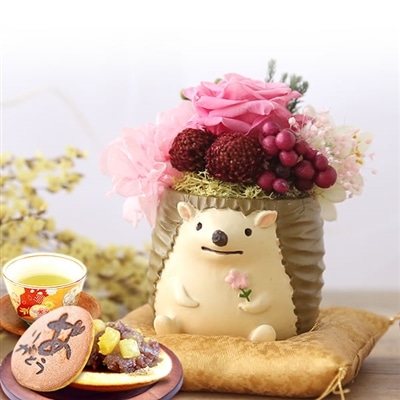 誕生日 プレゼント 送料無料 [ハリネズミ] お祝い  花 スイーツ ギフト おしゃれ お菓子 プリザーブドフラワー バラ 花とスイーツ 花とお菓子 女性 60代 70代 80代