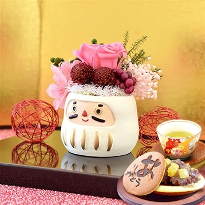 誕生日 プレゼント 送料無料 [だるま・白] お祝い  花 スイーツ ギフト おしゃれ お菓子 プリザーブドフラワー バラ 花とスイーツ 花とお菓子 女性 60代 70代 80代