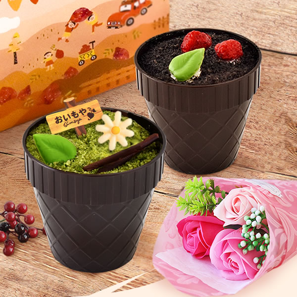 ギフト プレゼント スイーツ 送料無料 【芋ほりティラミス+ピンクブーケ】 花束 ソープフラワー ブーケ お菓子 和菓子 洋菓子 セット