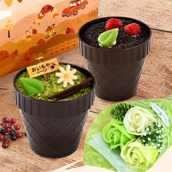 ギフト プレゼント スイーツ 送料無料 【芋ほりティラミス＋緑ブーケ】 花束 ソープフラワー ブーケ お菓子 和菓子 洋菓子 セット