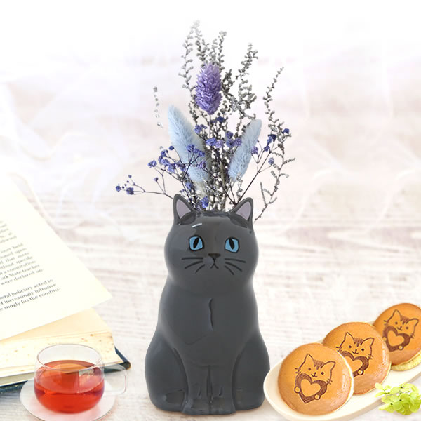 ギフト プレゼント 花 ドライフラワー ねこ クロ 猫好き 一輪挿し 花瓶 フラワーベース ペン立て 実用的 置物 スイーツ お菓子 洋菓子 和菓子 ギフト