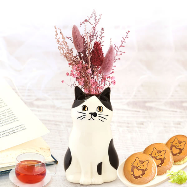 ギフト プレゼント 花 ドライフラワー ねこ ハチワレ 猫好き 一輪挿し 花瓶 フラワーベース ペン立て 実用的 置物 スイーツ お菓子 洋菓子 和菓子 ギフト