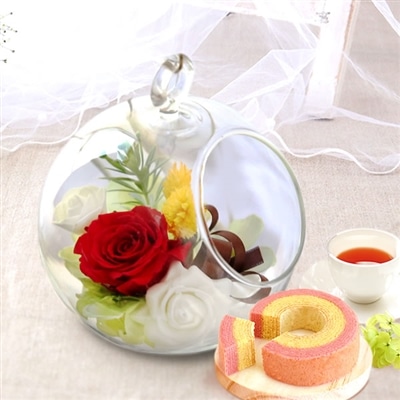 誕生日 プレゼント 送料無料  [ひも付きガラスドーム・赤] お祝い  花 スイーツ ギフト おしゃれ お菓子 プリザーブドフラワー バラ 花とスイーツ 花とお菓子 女性 60代 70代 80代