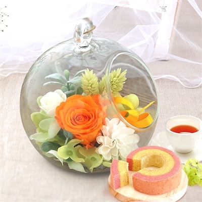誕生日 プレゼント 送料無料  [ひも付きガラスドーム・オレンジ] お祝い  花 スイーツ ギフト おしゃれ お菓子 プリザーブドフラワー バラ 花とスイーツ 花とお菓子 女性 60代 70代 80代