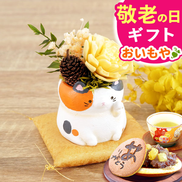 敬老の日ギフト 敬老の日 プレゼント 送料無料  [猫・三毛] お祝い  花 スイーツ ギフト おしゃれ お菓子 プリザーブドフラワー バラ アニマル  花とスイーツ 花とお菓子 女性 60代 70代 80代【敬老】