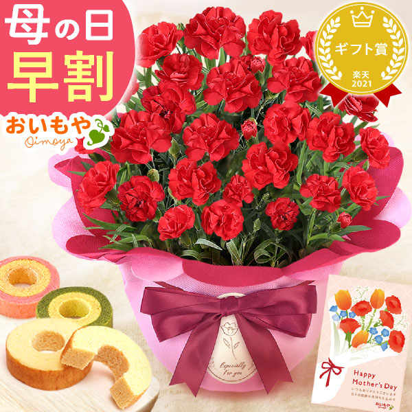 母の日 プレゼント 花 生花 ギフト カーネーション 赤 5号 バウムクーヘン バウム 抹茶 苺 お芋 スイートポテト 5個 送料無料 スイーツ お菓子 和菓子 洋菓子 ギフトセット おいもや