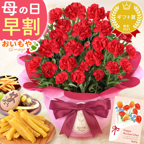 母の日 プレゼント 花 生花 ギフト カーネーション 赤 5号 干し芋 130ｇ どら焼き どらやき 芋けんぴ いもまつば 送料無料 スイーツ お菓子 和菓子 洋菓子 ギフトセット おいもや