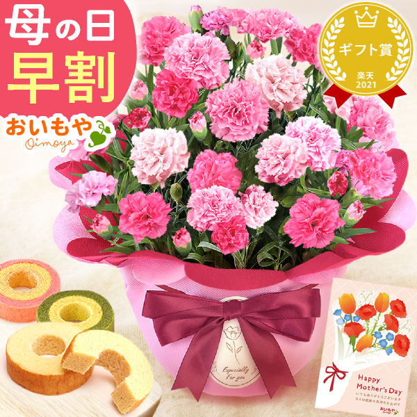 母の日 プレゼント 花 生花 ギフト カーネーション ホットハート 5号 バウムクーヘン バウム 抹茶 苺 お芋 スイートポテト 5個 送料無料 スイーツ お菓子 和菓子 洋菓子 ギフトセット おいもや