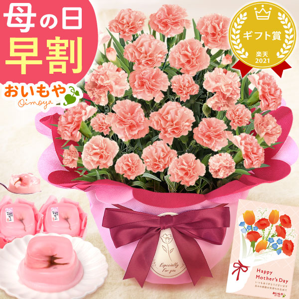 母の日 プレゼント 花 生花 ギフト カーネーション メープルシフォン 5号 桜プリン 送料無料 スイーツ お菓子 和菓子 洋菓子 ギフトセット おいもや