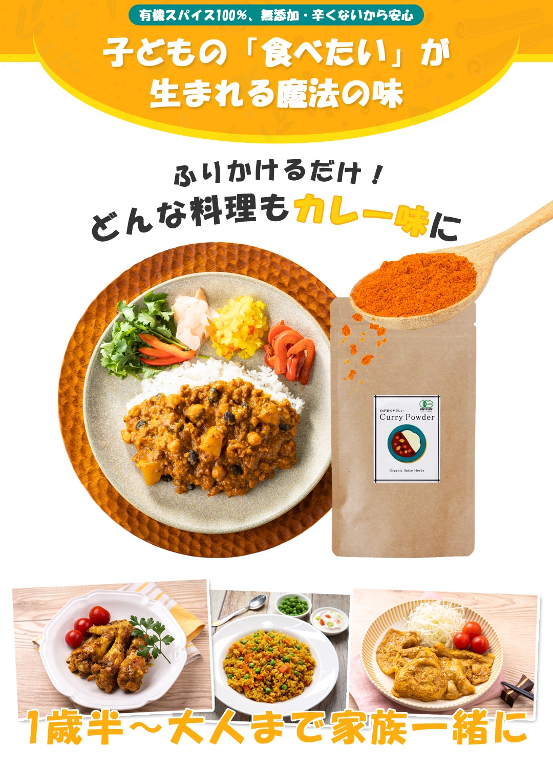 カレー粉 無添加 辛くない カレーパウダー 50g オーガニックスパイス ミックススパイス 有機JAS 子どもカレー ふりかけ カレー味 カレー味スパイス おやこカレー 辛みなし 調味料 小麦不使用 香料不使用 無薬品処理 保存料不使用 着色料不使用 非遺伝子組み換え 国内製造
