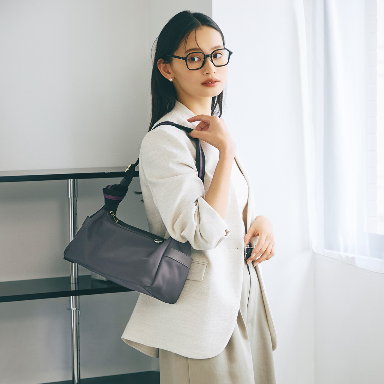 【TREASURE TOPKAPI】ナイロン ストライプ ベルト ショルダー バッグ ミディアムグレー FREE