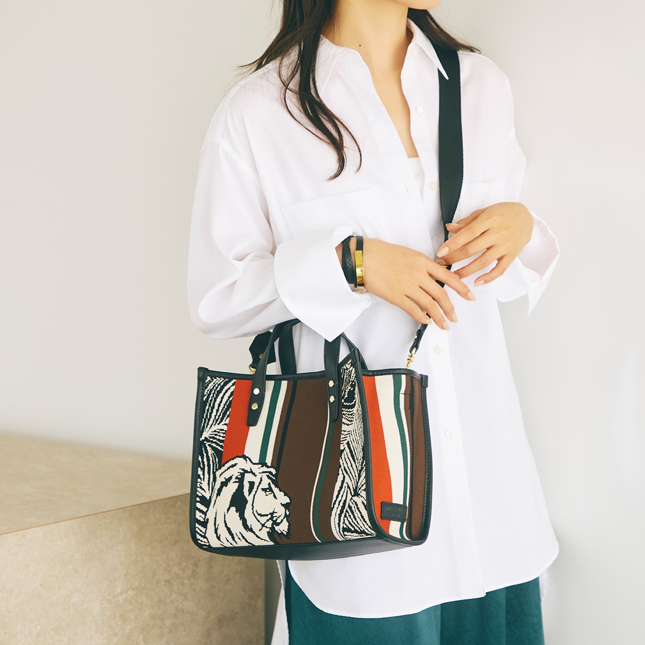 【TREASURE TOPKAPI】ニットジャガード ライオン柄 2way ミニ トートバッグ ブラック FREE